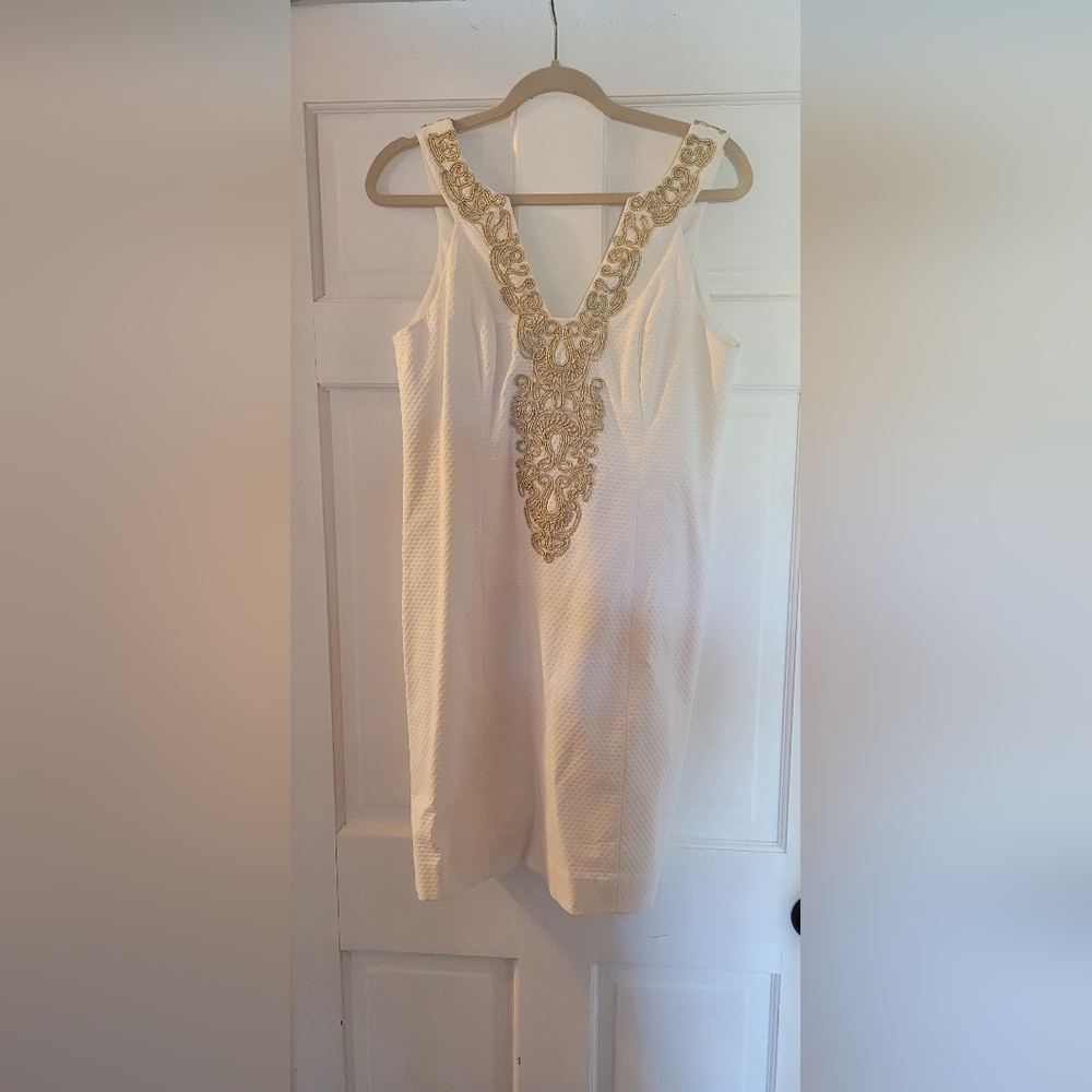 NWT- Lilly Pulitzer white dress with gold embellishments.